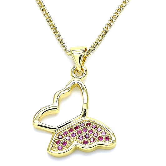 Oro Laminado Pendant Necklace, Gold Filled Style Butterfly Design, with Ruby Micro Pave, Polished, Golden Finish