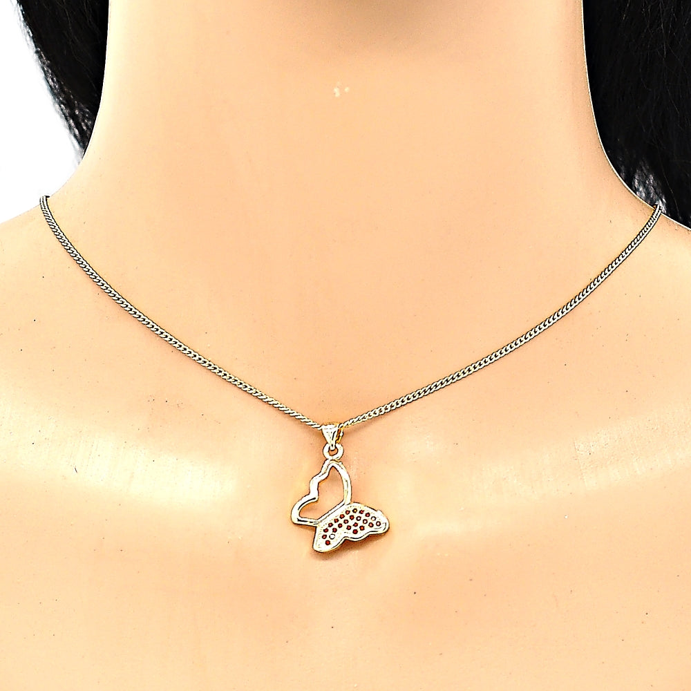 Oro Laminado Pendant Necklace, Gold Filled Style Butterfly Design, with Garnet Micro Pave, Polished, Golden Finish