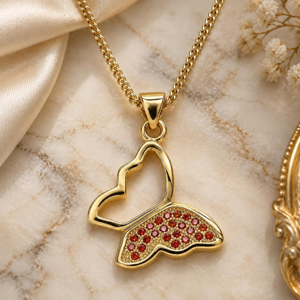 Oro Laminado Pendant Necklace, Gold Filled Style Butterfly Design, with Garnet Micro Pave, Polished, Golden Finish