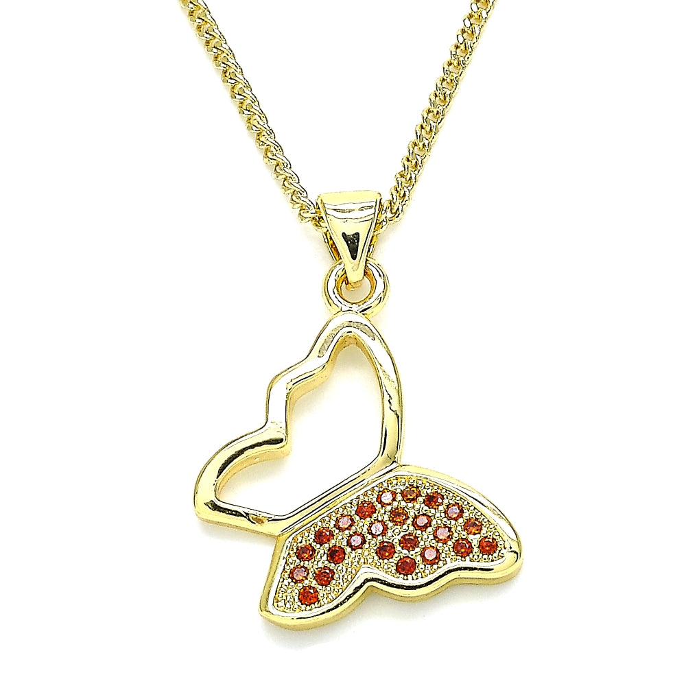 Oro Laminado Pendant Necklace, Gold Filled Style Butterfly Design, with Garnet Micro Pave, Polished, Golden Finish