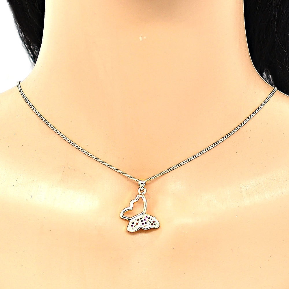 Oro Laminado Pendant Necklace, Gold Filled Style Butterfly Design, with Multicolor Micro Pave, Polished, Golden Finish