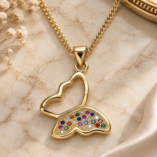 Oro Laminado Pendant Necklace, Gold Filled Style Butterfly Design, with Multicolor Micro Pave, Polished, Golden Finish