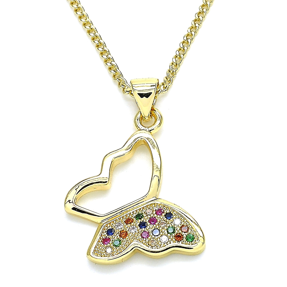 Oro Laminado Pendant Necklace, Gold Filled Style Butterfly Design, with Multicolor Micro Pave, Polished, Golden Finish
