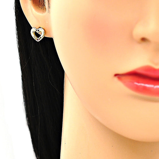 Oro Laminado Stud Earring, Gold Filled Style Heart Design, with Multicolor Micro Pave, Polished, Golden Finish