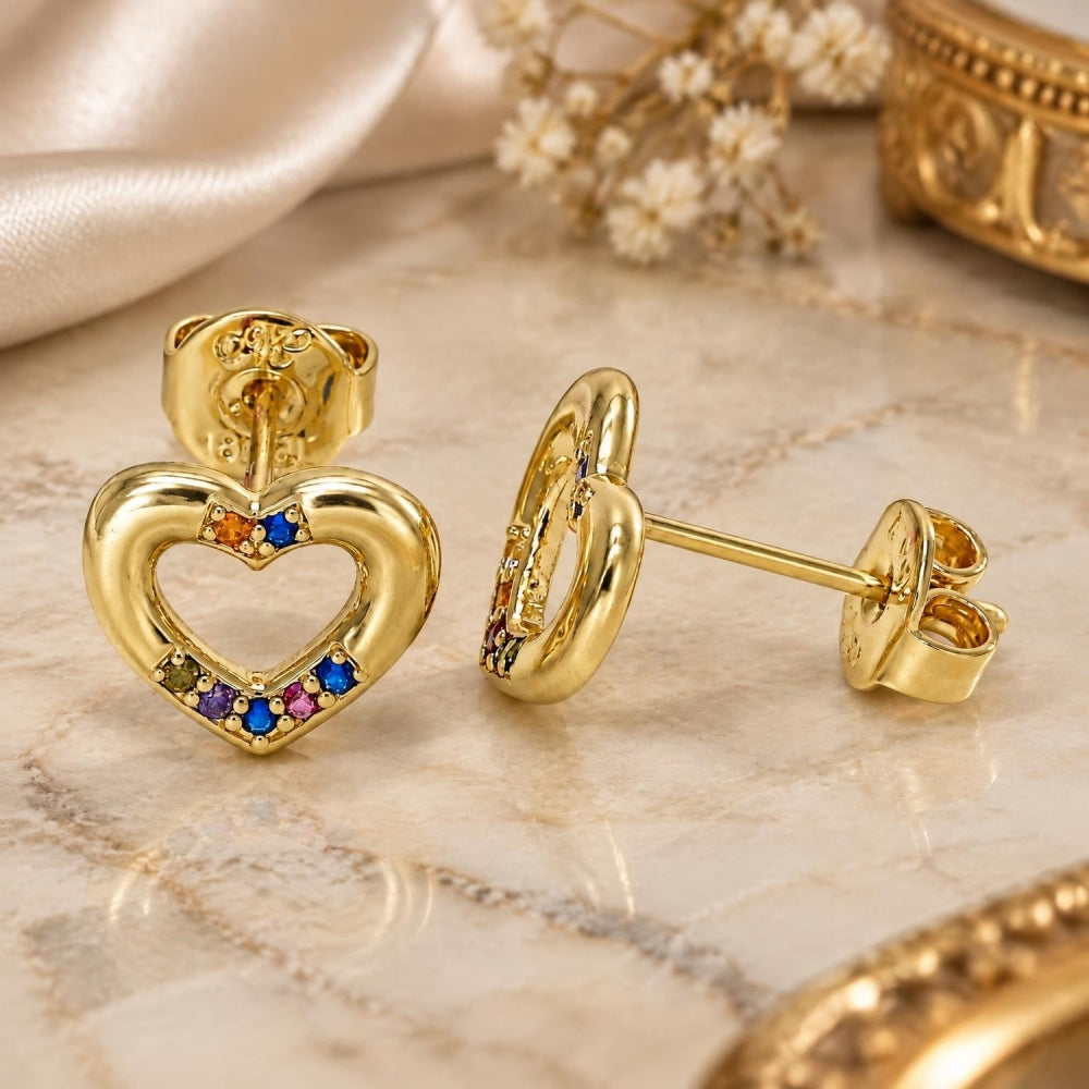 Oro Laminado Stud Earring, Gold Filled Style Heart Design, with Multicolor Micro Pave, Polished, Golden Finish