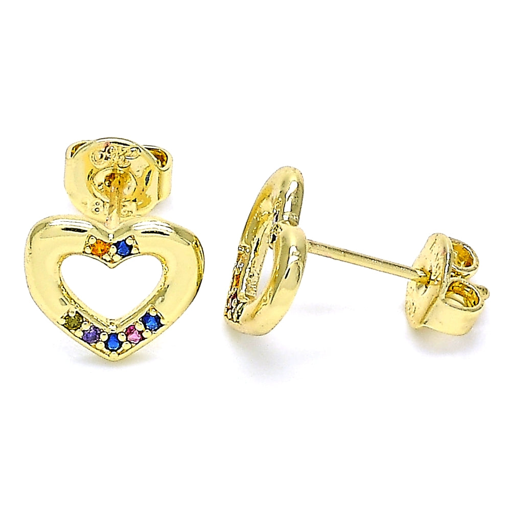 Oro Laminado Stud Earring, Gold Filled Style Heart Design, with Multicolor Micro Pave, Polished, Golden Finish
