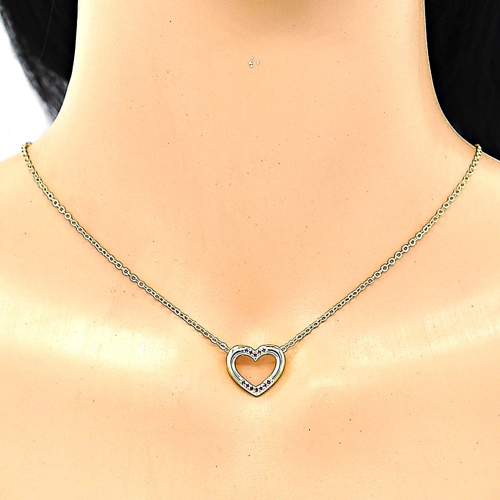 Oro Laminado Pendant Necklace, Gold Filled Style Heart Design, with Ruby Micro Pave, Polished, Golden Finish