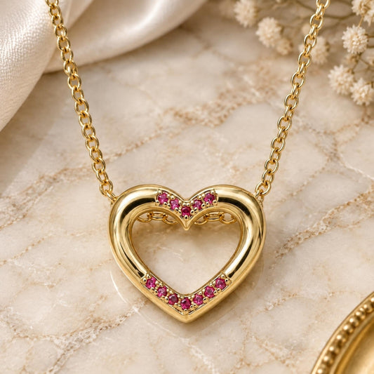 Oro Laminado Pendant Necklace, Gold Filled Style Heart Design, with Ruby Micro Pave, Polished, Golden Finish