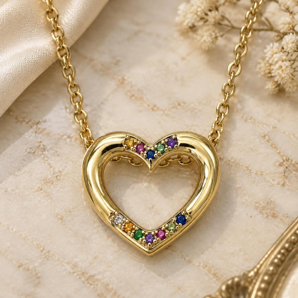 Oro Laminado Pendant Necklace, Gold Filled Style Heart Design, with Multicolor Micro Pave, Polished, Golden Finish