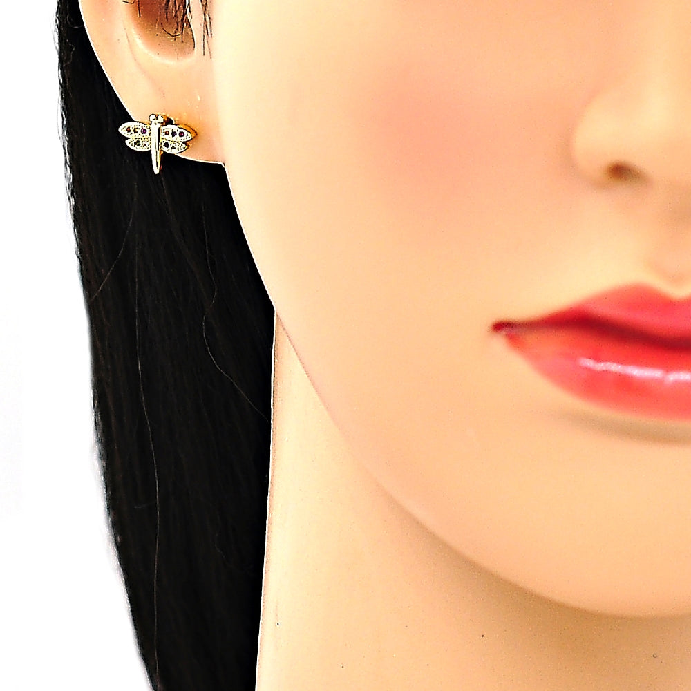 Oro Laminado Stud Earring, Gold Filled Style Dragon-Fly Design, with Multicolor Micro Pave, Polished, Golden Finish