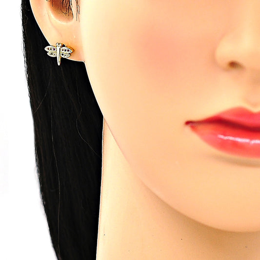 Oro Laminado Stud Earring, Gold Filled Style Dragon-Fly Design, with Multicolor Micro Pave, Polished, Golden Finish