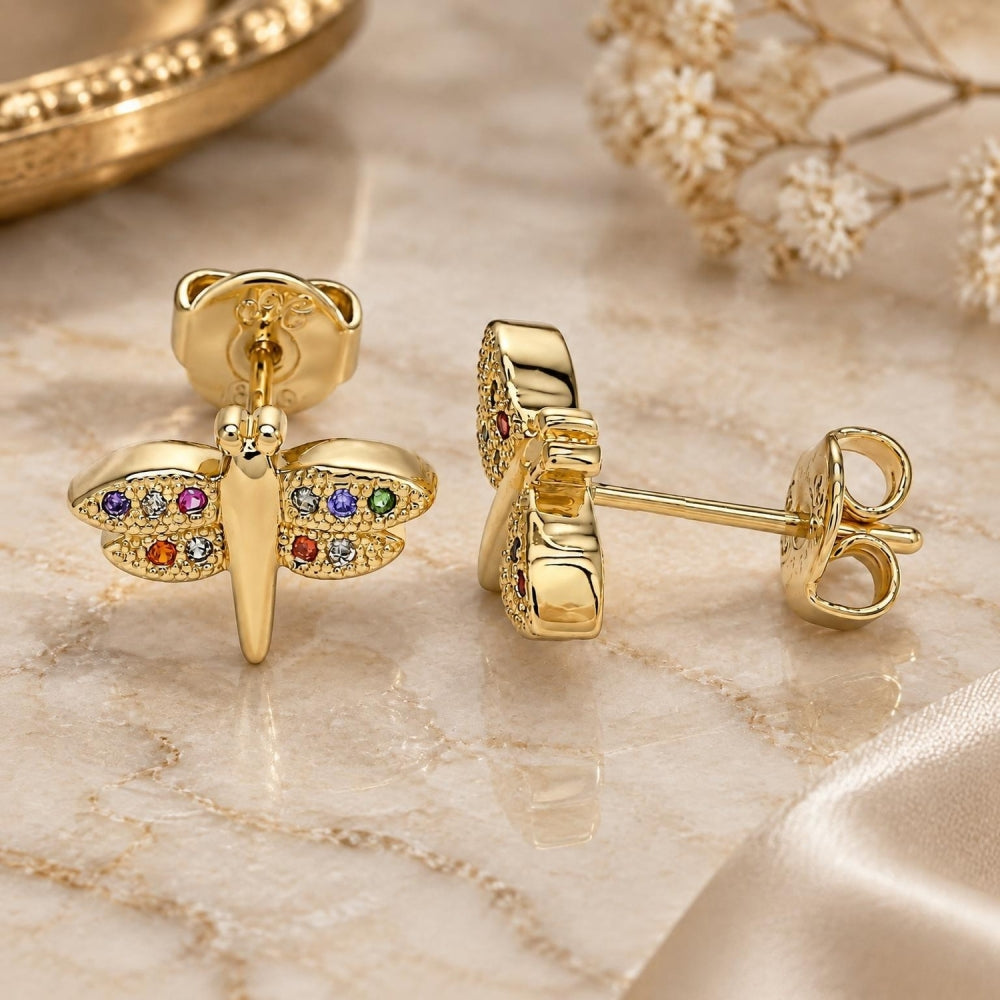 Oro Laminado Stud Earring, Gold Filled Style Dragon-Fly Design, with Multicolor Micro Pave, Polished, Golden Finish