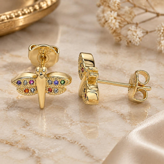 Oro Laminado Stud Earring, Gold Filled Style Dragon-Fly Design, with Multicolor Micro Pave, Polished, Golden Finish