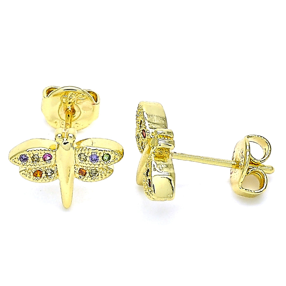 Oro Laminado Stud Earring, Gold Filled Style Dragon-Fly Design, with Multicolor Micro Pave, Polished, Golden Finish