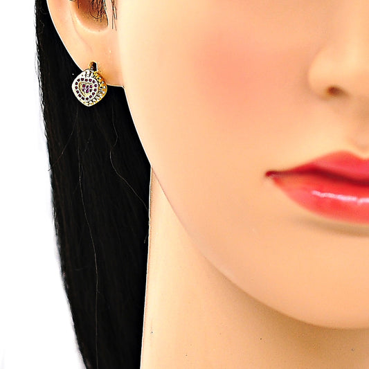 Oro Laminado Earring and Pendant Adult Set, Gold Filled Style Heart Design, with Ruby Micro Pave, Polished, Golden Finish