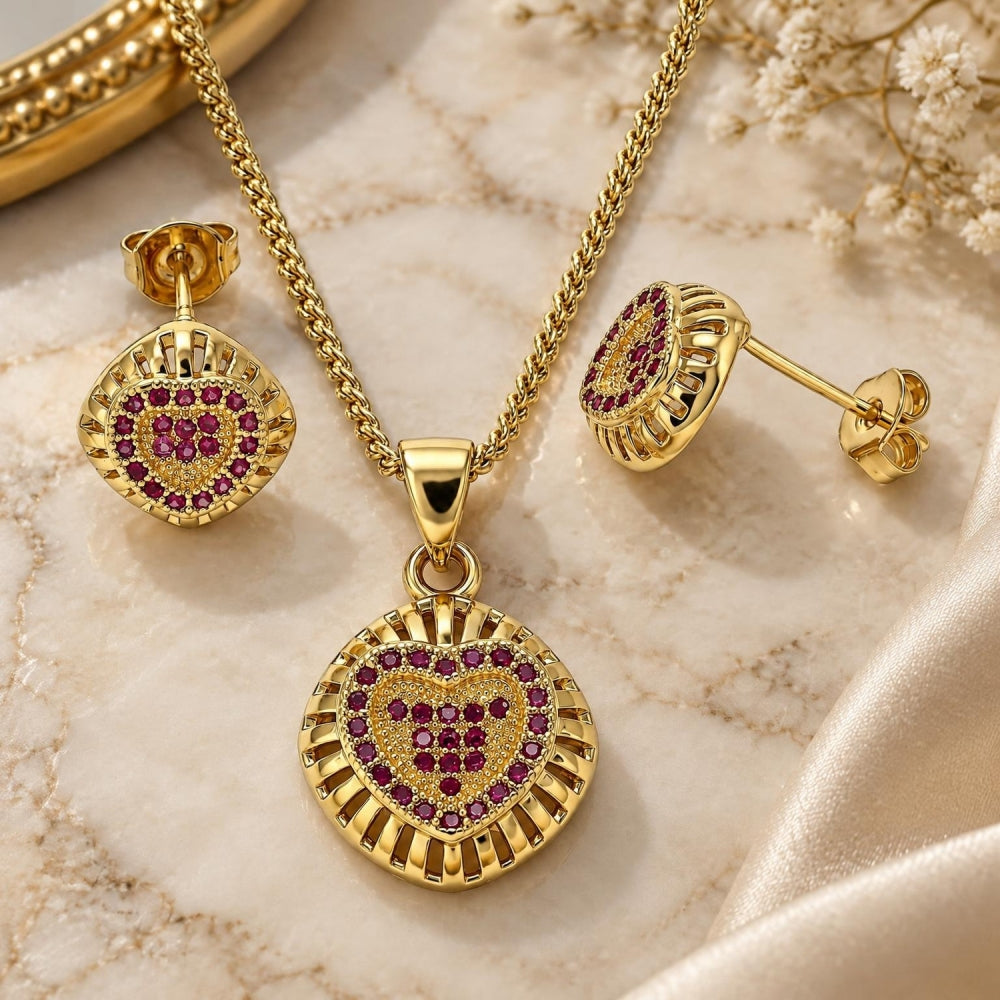 Oro Laminado Earring and Pendant Adult Set, Gold Filled Style Heart Design, with Ruby Micro Pave, Polished, Golden Finish