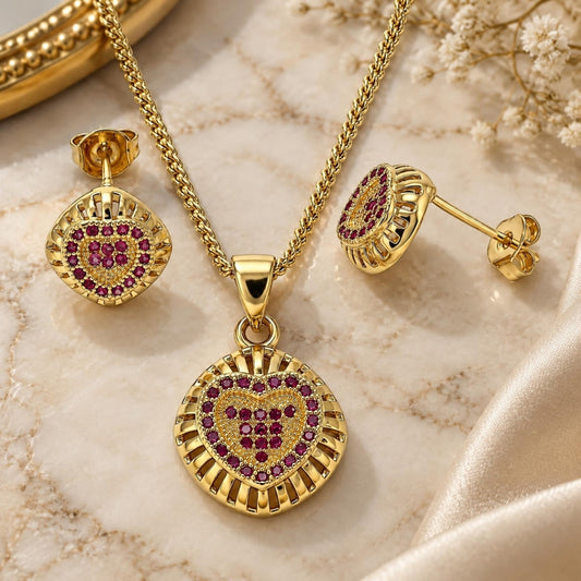 Oro Laminado Earring and Pendant Adult Set, Gold Filled Style Heart Design, with Ruby Micro Pave, Polished, Golden Finish