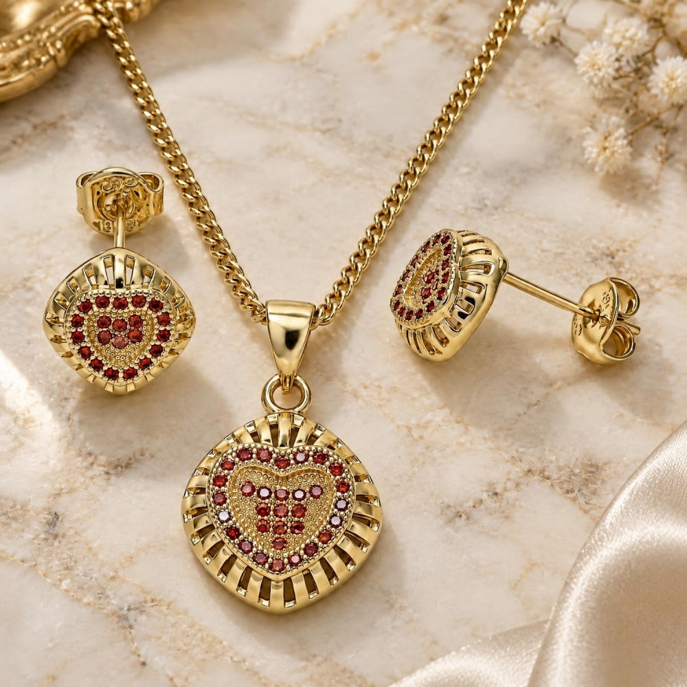 Oro Laminado Earring and Pendant Adult Set, Gold Filled Style Heart Design, with Garnet Micro Pave, Polished, Golden Finish