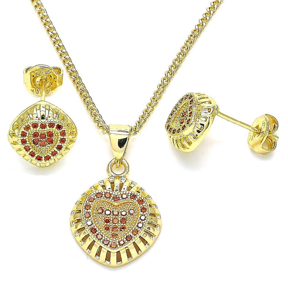 Oro Laminado Earring and Pendant Adult Set, Gold Filled Style Heart Design, with Garnet Micro Pave, Polished, Golden Finish