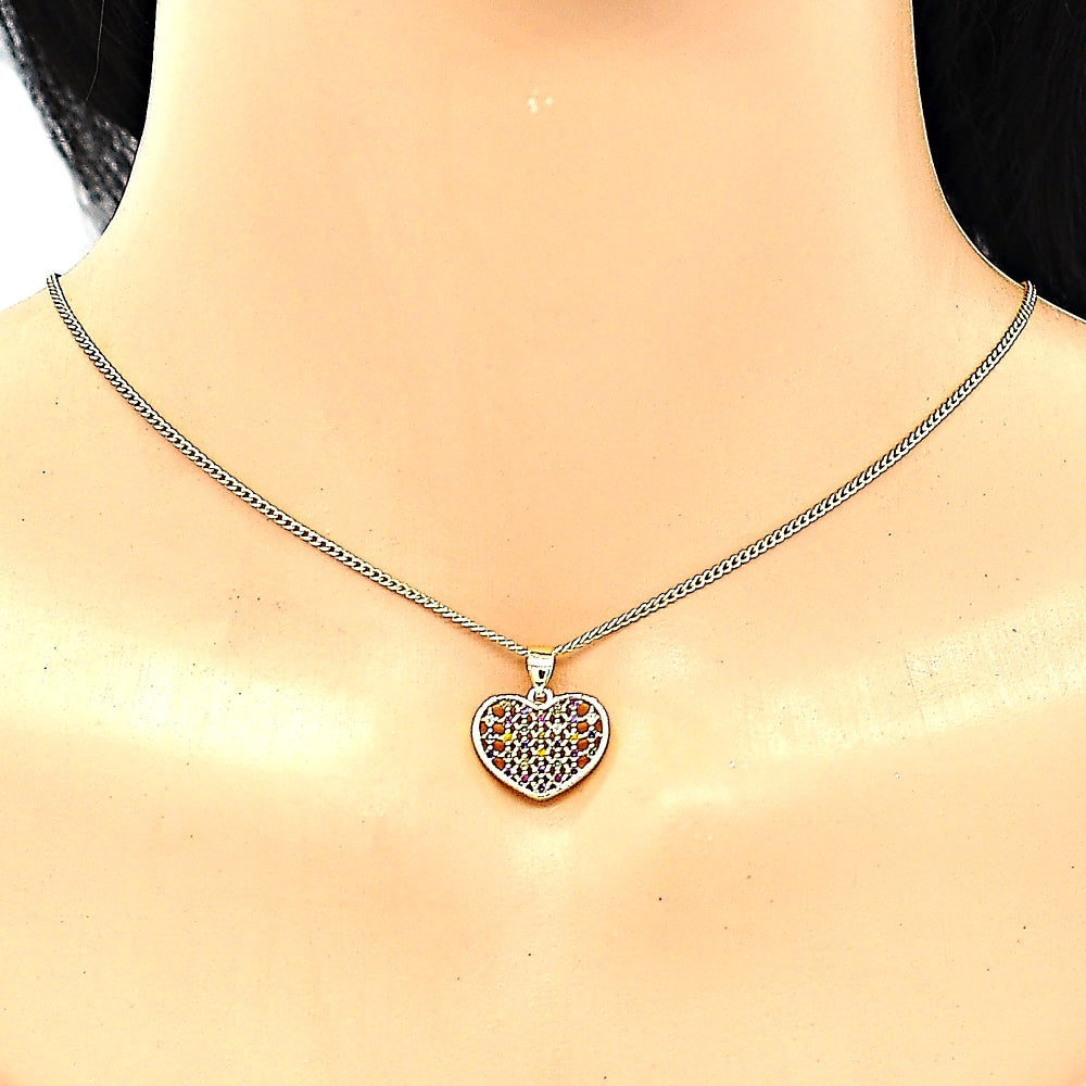 Oro Laminado Earring and Pendant Adult Set, Gold Filled Style Heart Design, with Multicolor Micro Pave, Polished, Golden Finish