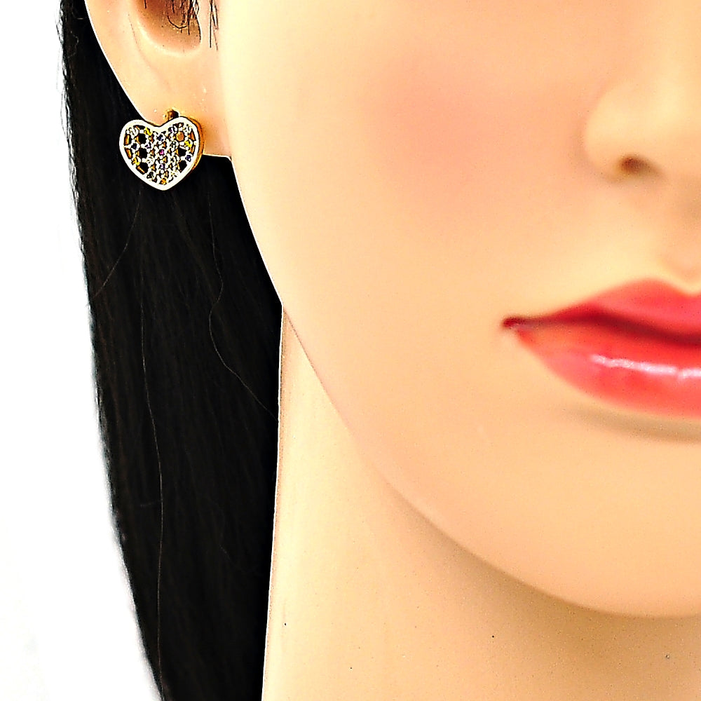 Oro Laminado Earring and Pendant Adult Set, Gold Filled Style Heart Design, with Multicolor Micro Pave, Polished, Golden Finish