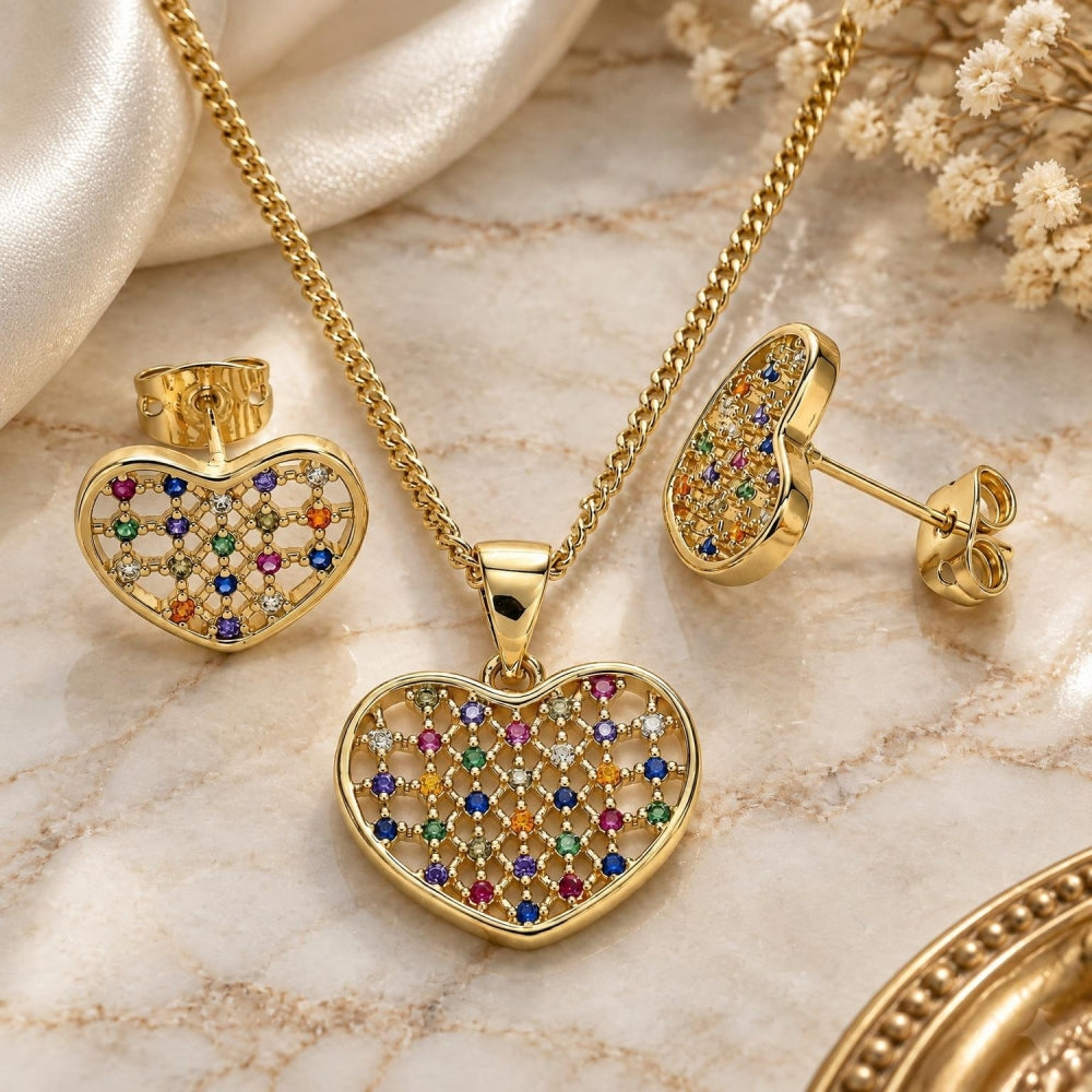 Oro Laminado Earring and Pendant Adult Set, Gold Filled Style Heart Design, with Multicolor Micro Pave, Polished, Golden Finish
