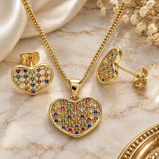 Oro Laminado Earring and Pendant Adult Set, Gold Filled Style Heart Design, with Multicolor Micro Pave, Polished, Golden Finish