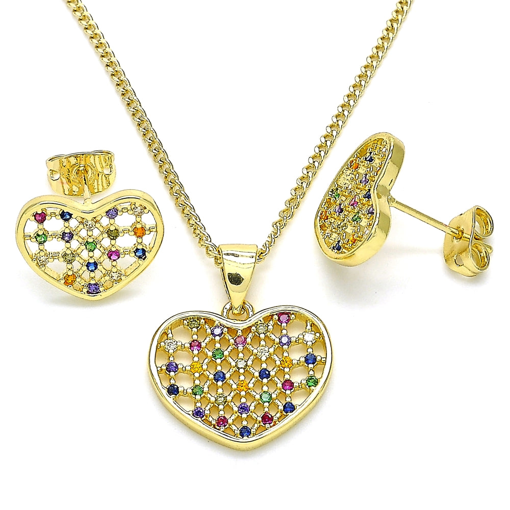 Oro Laminado Earring and Pendant Adult Set, Gold Filled Style Heart Design, with Multicolor Micro Pave, Polished, Golden Finish