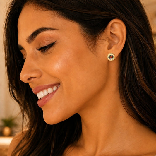 Oro Laminado Stud Earring, Gold Filled Style with Multicolor Micro Pave, Polished, Golden Finish