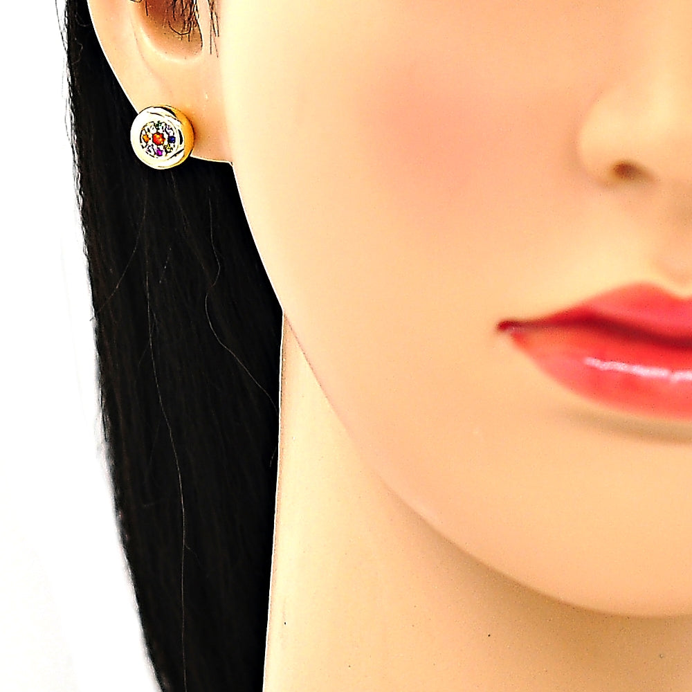 Oro Laminado Stud Earring, Gold Filled Style with Multicolor Micro Pave, Polished, Golden Finish