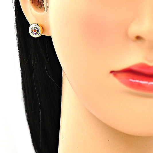 Oro Laminado Stud Earring, Gold Filled Style with Multicolor Micro Pave, Polished, Golden Finish
