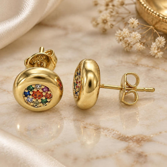 Oro Laminado Stud Earring, Gold Filled Style with Multicolor Micro Pave, Polished, Golden Finish