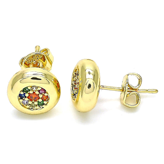 Oro Laminado Stud Earring, Gold Filled Style with Multicolor Micro Pave, Polished, Golden Finish