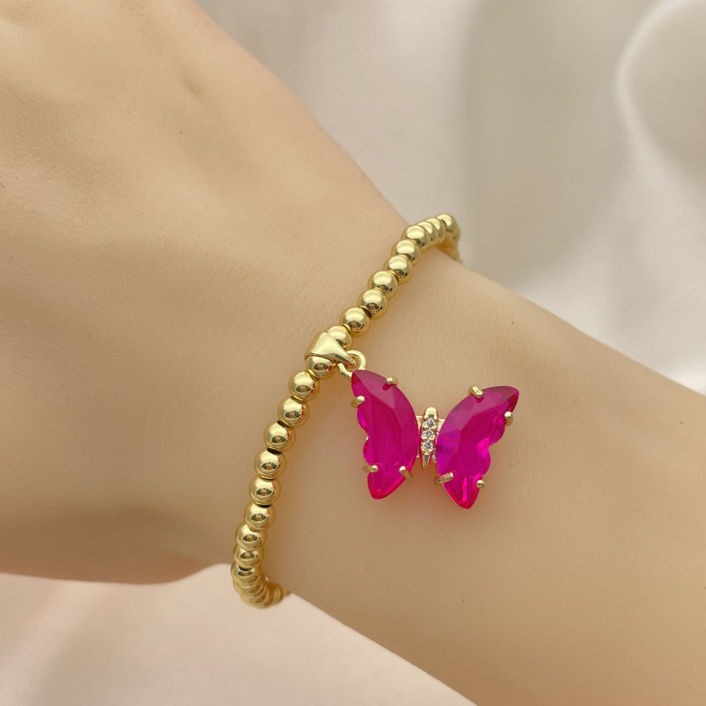 Oro Laminado Fancy Bracelet, Gold Filled Style Expandable Bead and Butterfly Design, with Fuchsia Crystal and White Micro Pave, Polished, Golden Finish
