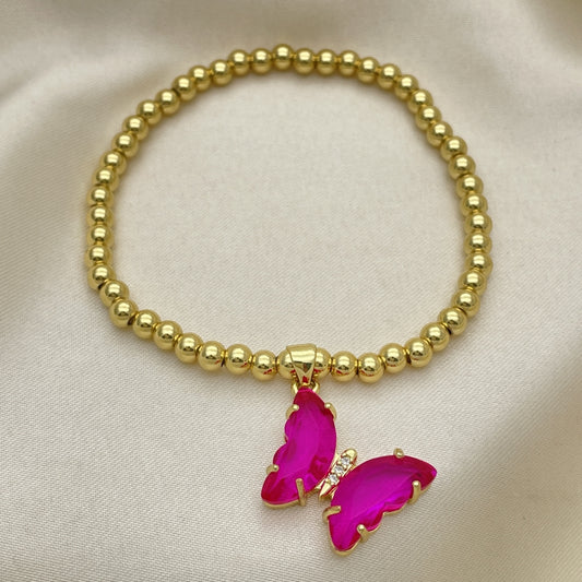 Oro Laminado Fancy Bracelet, Gold Filled Style Expandable Bead and Butterfly Design, with Fuchsia Crystal and White Micro Pave, Polished, Golden Finish