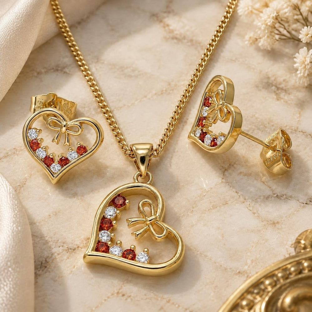 Oro Laminado Earring and Pendant Adult Set, Gold Filled Style Heart and Bow Design, with Garnet and White Cubic Zirconia, Polished, Golden Finish