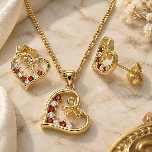 Oro Laminado Earring and Pendant Adult Set, Gold Filled Style Heart and Bow Design, with Garnet and White Cubic Zirconia, Polished, Golden Finish
