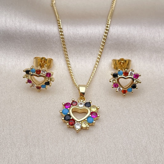 Oro Laminado Earring and Pendant Adult Set, Gold Filled Style Heart Design, with Multicolor Cubic Zirconia, Polished, Golden Finish