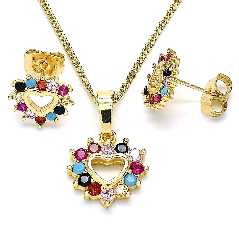 Oro Laminado Earring and Pendant Adult Set, Gold Filled Style Heart Design, with Multicolor Cubic Zirconia, Polished, Golden Finish