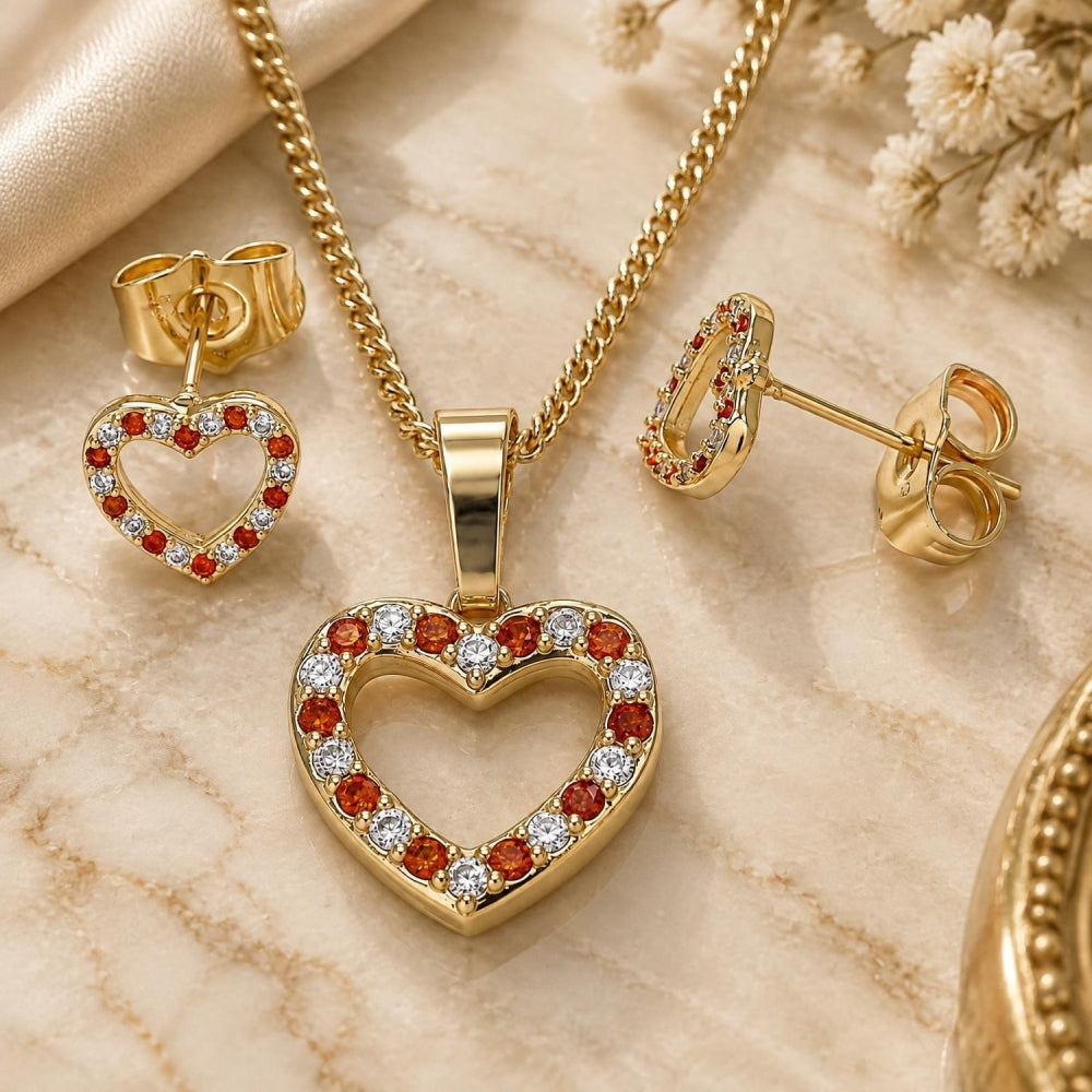 Oro Laminado Earring and Pendant Adult Set, Gold Filled Style Heart Design, with Garnet and White Micro Pave, Polished, Golden Finish