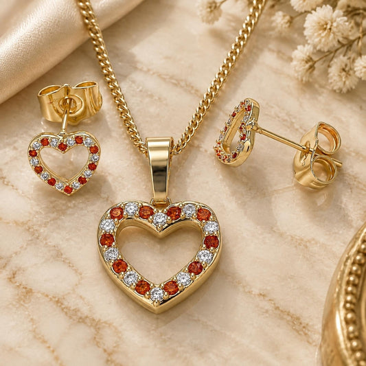 Oro Laminado Earring and Pendant Adult Set, Gold Filled Style Heart Design, with Garnet and White Micro Pave, Polished, Golden Finish