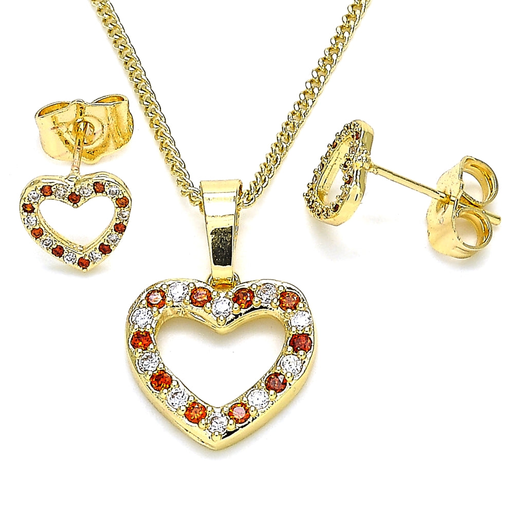 Oro Laminado Earring and Pendant Adult Set, Gold Filled Style Heart Design, with Garnet and White Micro Pave, Polished, Golden Finish