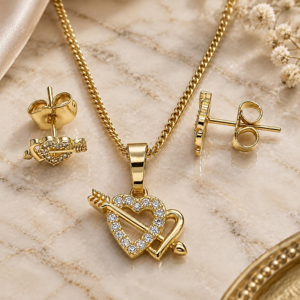 Oro Laminado Earring and Pendant Adult Set, Gold Filled Style Heart Design, with White Micro Pave, Polished, Golden Finish