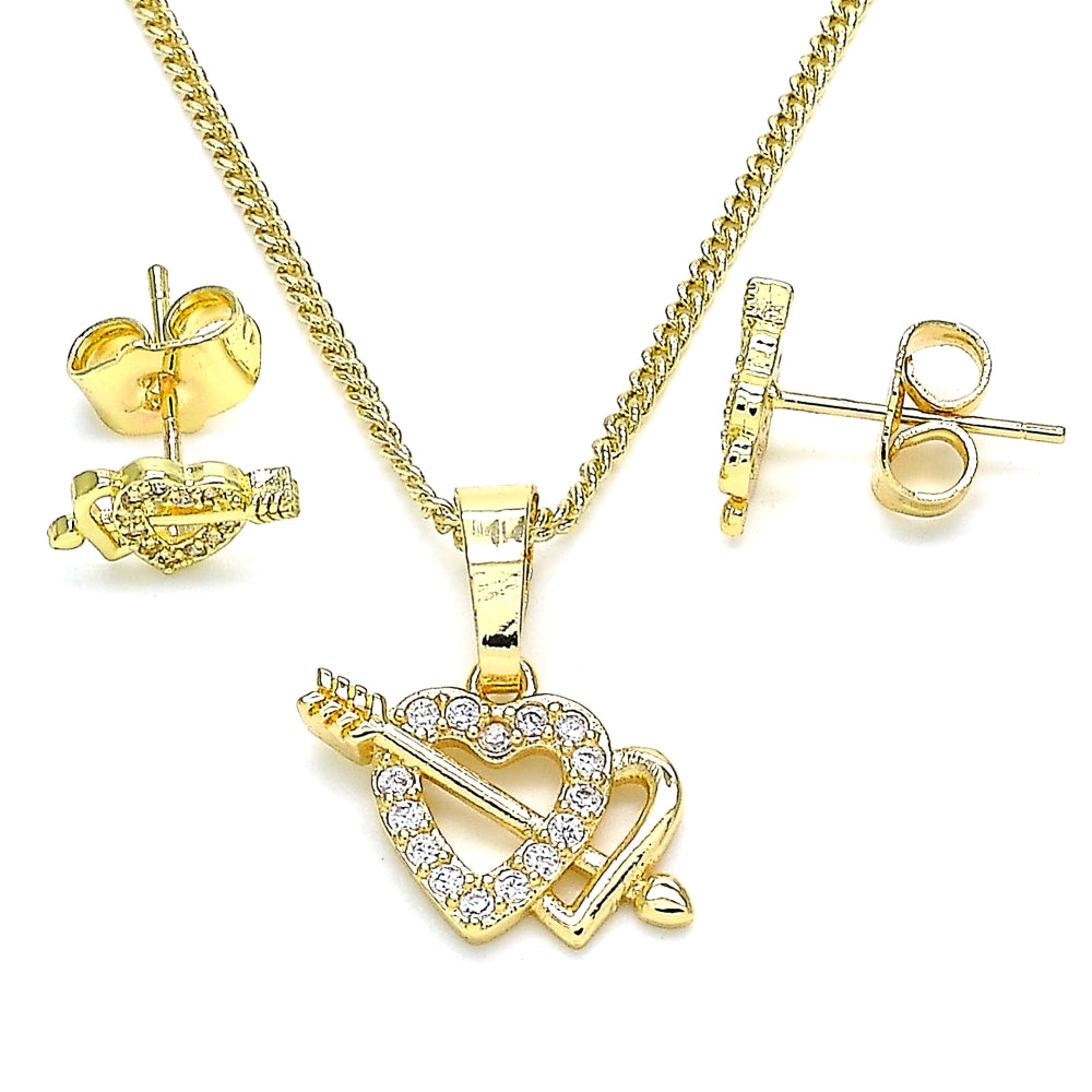 Oro Laminado Earring and Pendant Adult Set, Gold Filled Style Heart Design, with White Micro Pave, Polished, Golden Finish