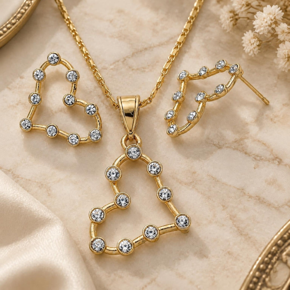 Oro Laminado Earring and Pendant Adult Set, Gold Filled Style Heart Design, with White Crystal, Polished, Golden Finish