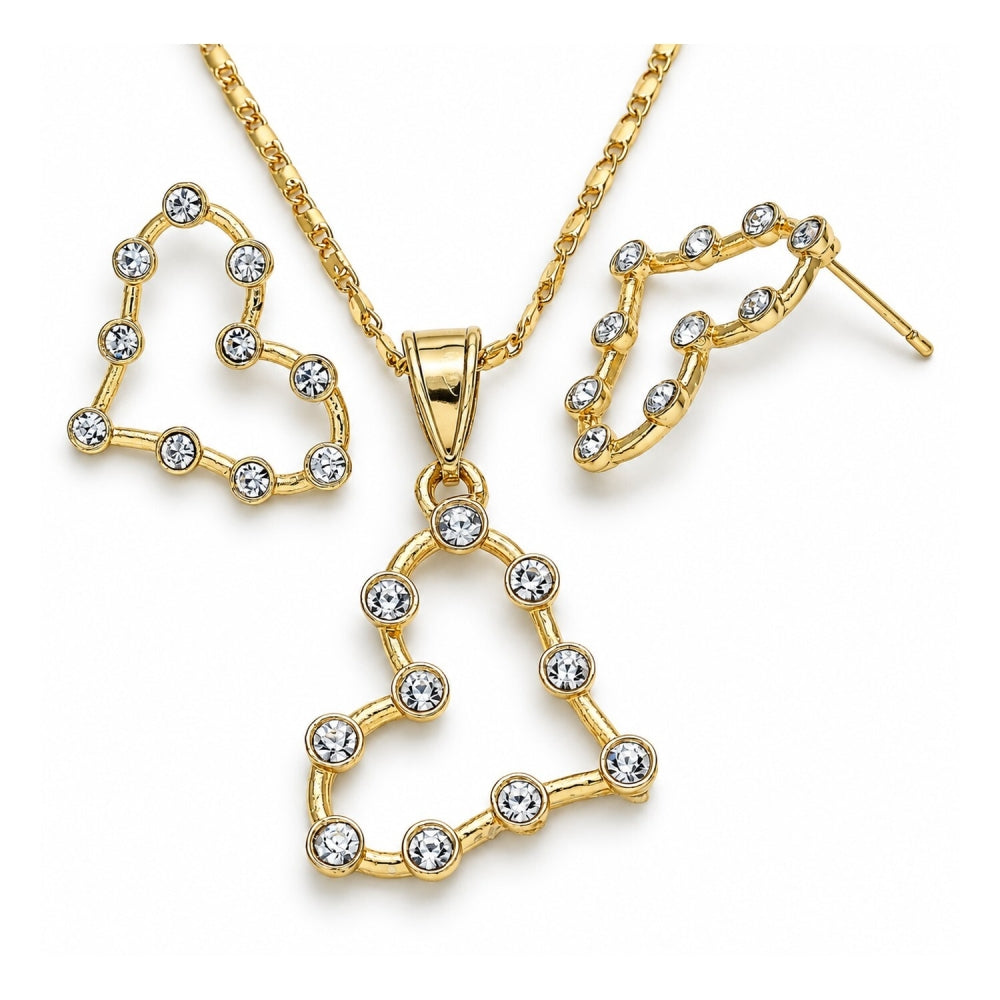 Oro Laminado Earring and Pendant Adult Set, Gold Filled Style Heart Design, with White Crystal, Polished, Golden Finish