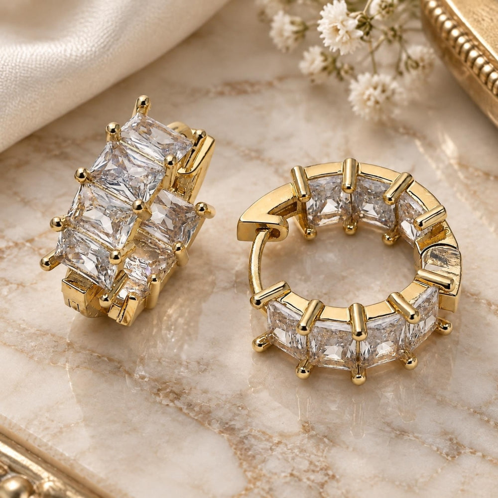 Oro Laminado Huggie Hoop, Gold Filled Style with White Cubic Zirconia, Polished, Golden Finish