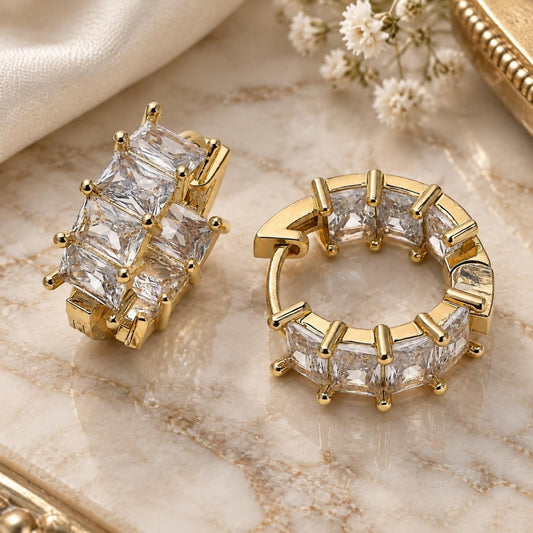 Oro Laminado Huggie Hoop, Gold Filled Style with White Cubic Zirconia, Polished, Golden Finish