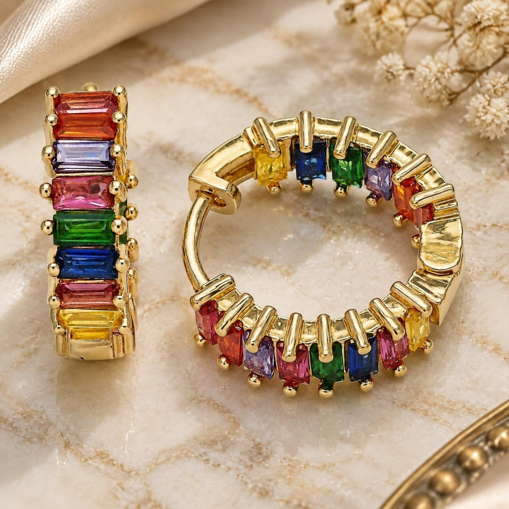 Oro Laminado Huggie Hoop, Gold Filled Style Baguette Design, with Multicolor Cubic Zirconia, Polished, Golden Finish