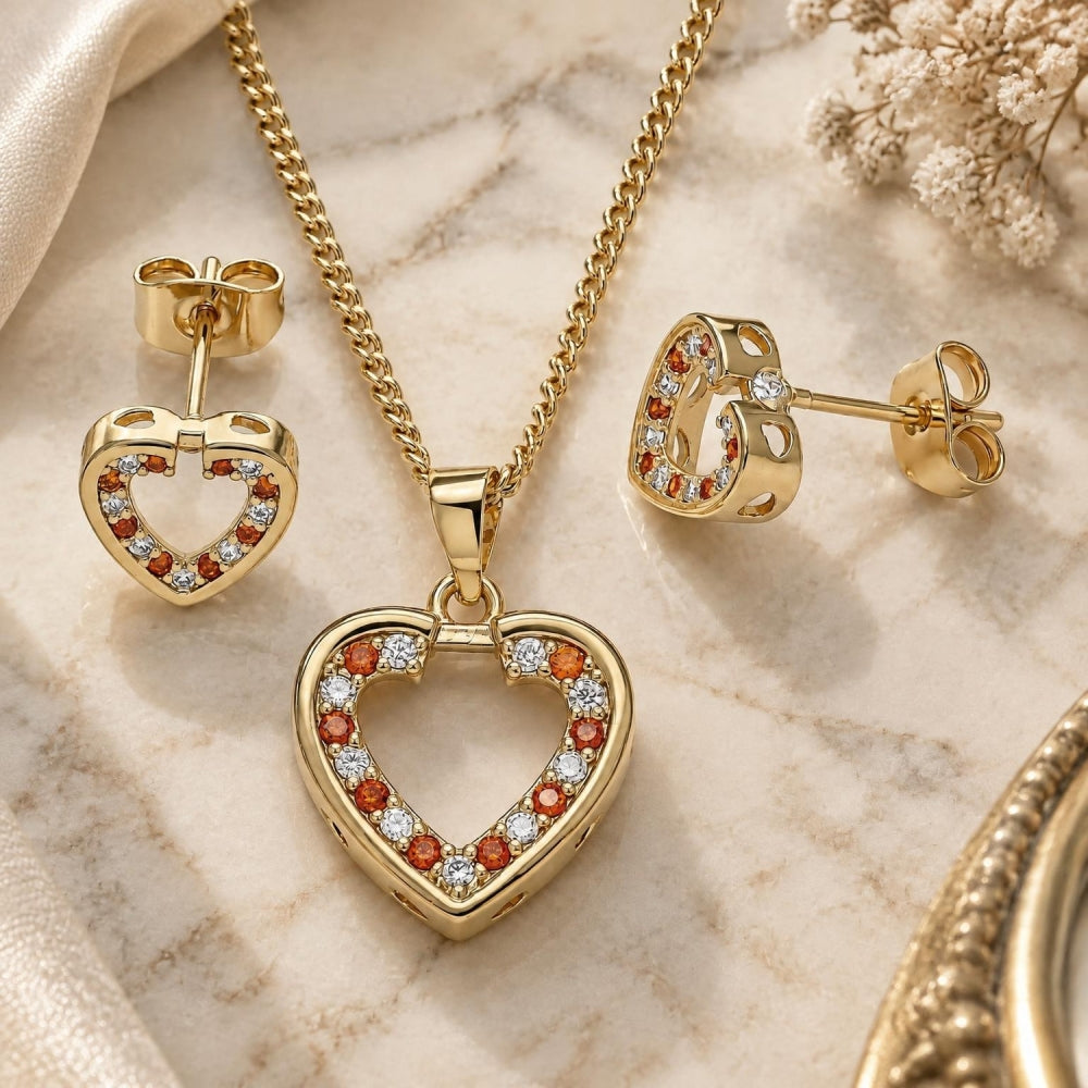 Oro Laminado Earring and Pendant Adult Set, Gold Filled Style Heart Design, with Garnet and White Micro Pave, Polished, Golden Finish